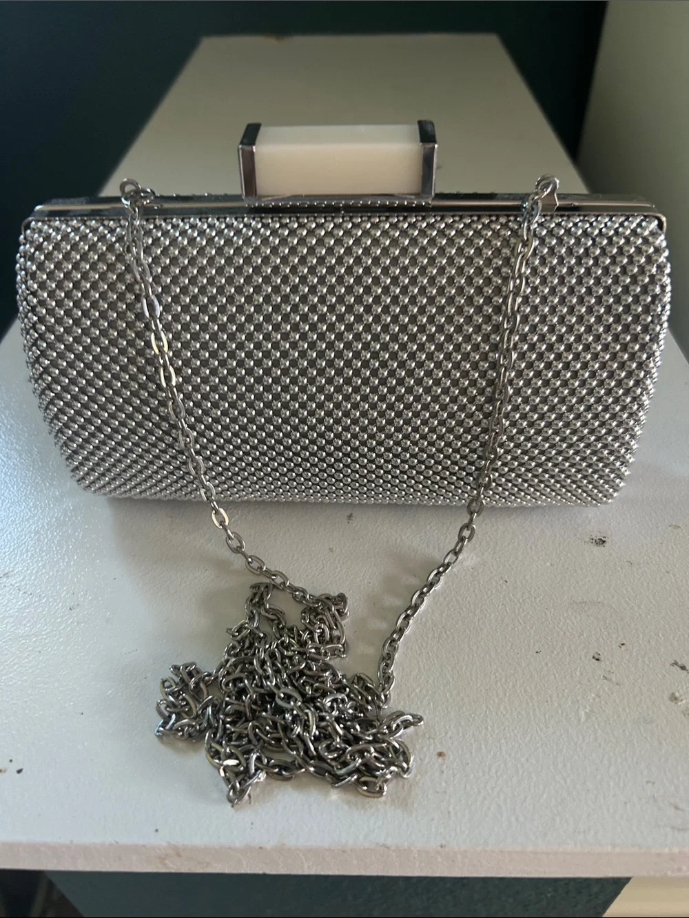 Silver Crystal Mesh Convertible Clutch with Chain Strap